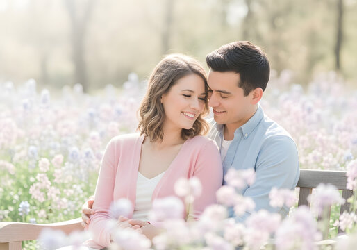 Couple sitting and smiling softly together on a bench in a pastel-colored flower field.