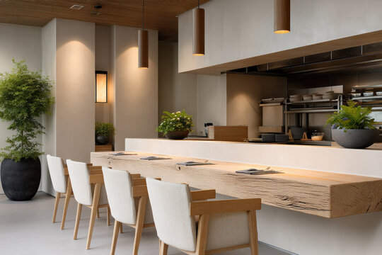 Minimalist chef table restaurant interior with wooden counter, modern lighting, neutral tones, and green plants creating calm dining atmosphere