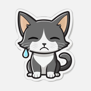 Sad cartoon cat crying with a tear drop