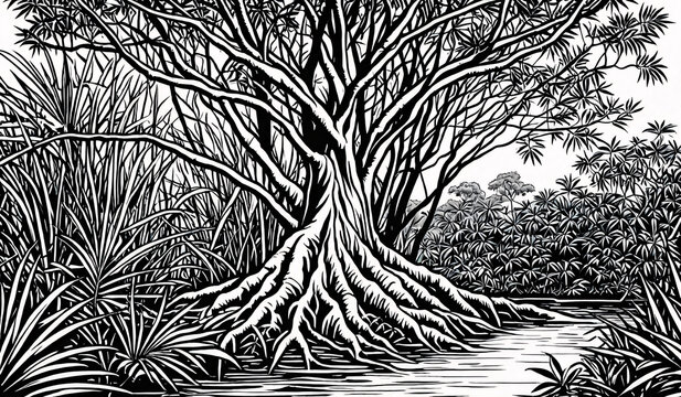 Black and white coloring book page, 
An ancient tree rooted deeply in a dense mangrove thicket 