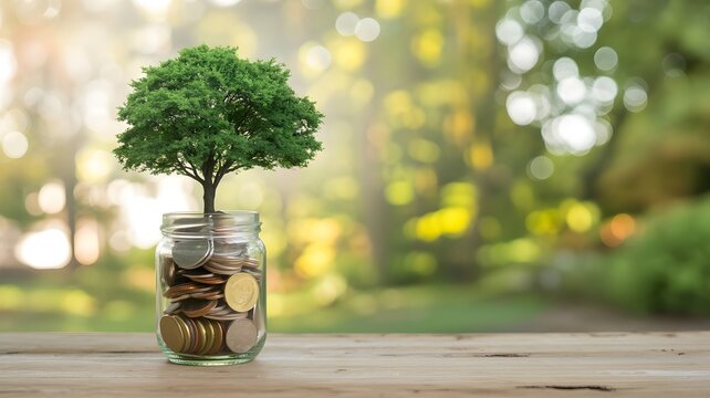Small tree growing from coins in a glass jar representing financial growth and investment money tree financial success investment business