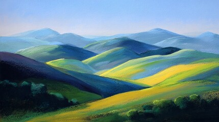 Fototapeta premium Serene Hillscape in Soft Pastel Colors with Layered Abstraction and Clean Lines for Tranquil Settings
