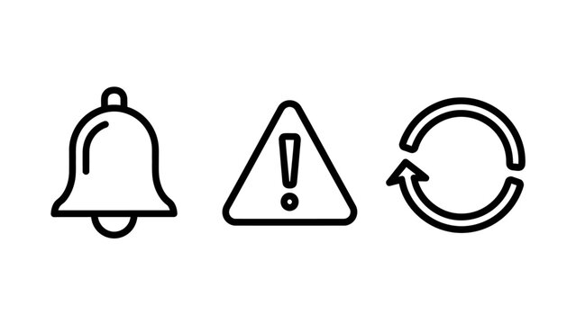 Set of three icons: notification bell warning triangle refresh arrows with exclamation mark line art user interface refresh icon circular arrows interface elements app icon web icon UI design