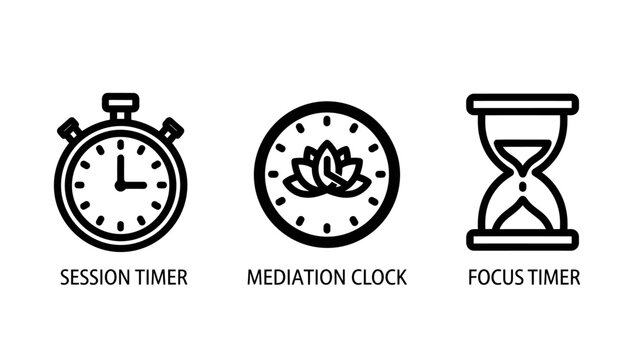 Meditation and focus timer icons with meditation stopwatch hourglass management mindfulness wellness concentration productivity schedule illustration personal development measurement