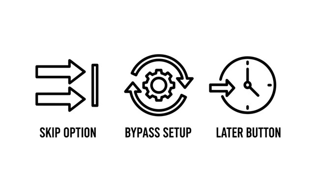 Skip option bypass setup later button icons with user experience navigation interface workflow settings configuration selection function software application technology progress postpone