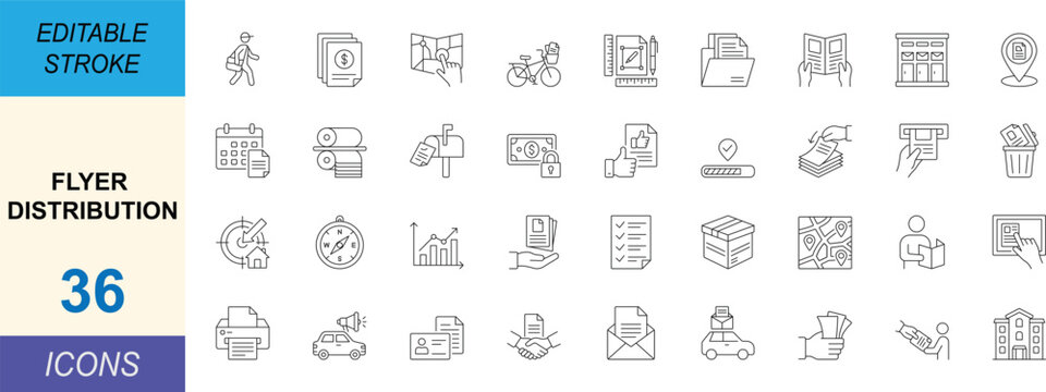 Flyer distribution line icon set with clean stroke, minimal outline style. Includes marketing, delivery, promotion, navigation and logistics concepts. Professional editable vector icons.