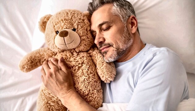 Mature bearded man cuddling a teddy bear while sleeping in bed