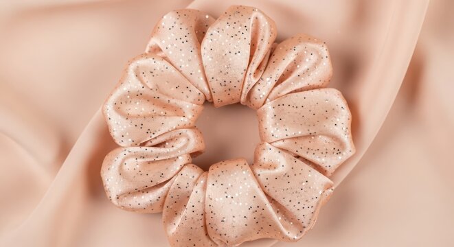 Pink macaron hair scrunchie on soft peach fabric close-up minimalist beauty accessory