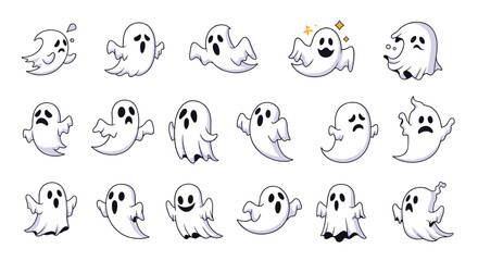 Fototapeta premium Cute cartoon ghost characters collection featuring diverse emotions and spooky poses perfect for halloween celebration graphics.