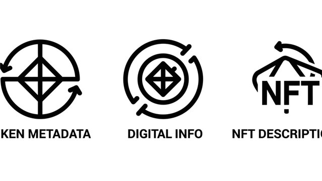 Set of line icons representing nft technology including token metadata digital information and non-fungible token description for blockchain assets with metadata information blockchain cryptocurren