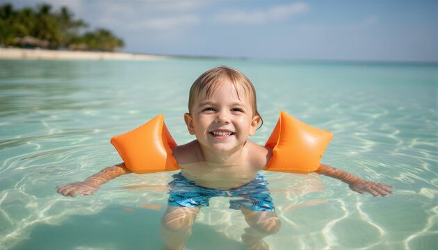 Happy little child swims in ocean with orange inflatable arm floaties. Young boy learning to swim in calm tropical sea. Water safety, child protection and summer vacation pool activity.