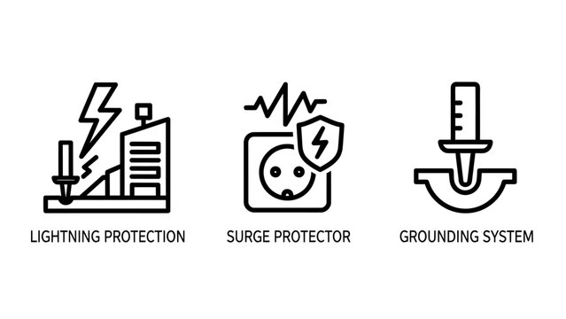 Electrical safety and infrastructure protection line icons for lightning protection surge protector and grounding system with electrical protection lightning protector grounding infrastructure