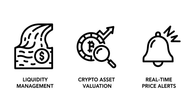 Set of finance and cryptocurrency business icons with liquidity currency management valuation business investment notification blockchain interface minimalist commerce transaction analysis