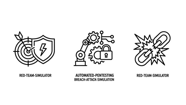 Cybersecurity defense icons including red team simulator automated penetration testing broken chain link security penetration simulator protection vulnerability cybersecurity mitigation