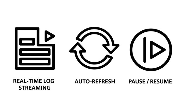 Set of computer icons for real-time log streaming auto-refresh and media playback pause resume controls with streaming interface software dashboard development synchronization technology