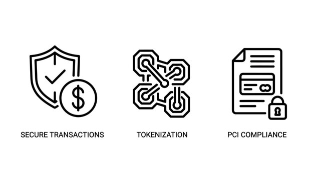 Finance and banking security icons representing secure transactions tokenization pci compliance with security transaction tokenization compliance protection encrypted regulation standard