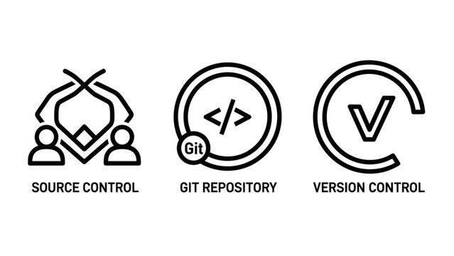 Software development tools icon set for source control and versioning with software development repository programming technology collaboration management interface minimalist computer