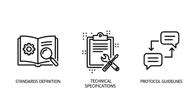 Technical documentation and standards definition icon set with standards definition technical specifications protocol guidelines documentation settings screwdriver communication business