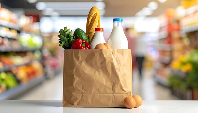 A grocery bag on a table in a blurred supermarket background
