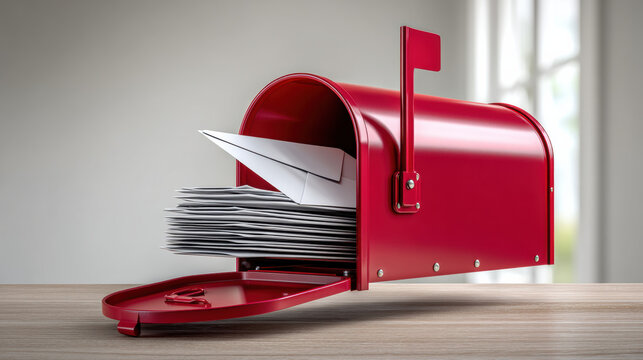 Red mailbox paper airplane stack of letters open door wooden table natural light home interior communication cheerful mood