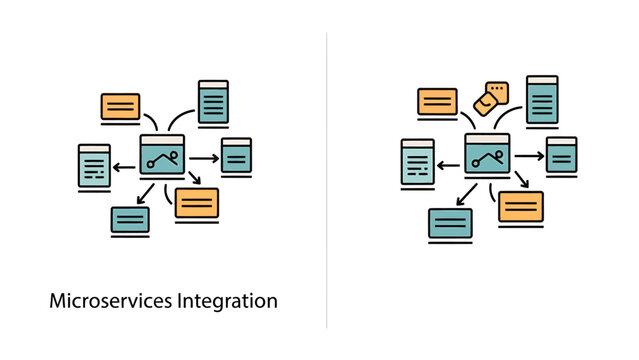 Microservices integration network architecture technical diagram icons with microservices integration architecture software computing communication infrastructure development distributed