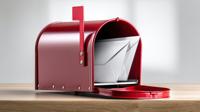 Red mailbox metal letter envelope open door wooden table communication delivery bright traditional style