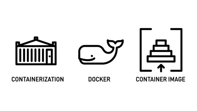 Set of computer containerization technology icons featuring docker and container image container technology software computing development infrastructure deployment virtualization application