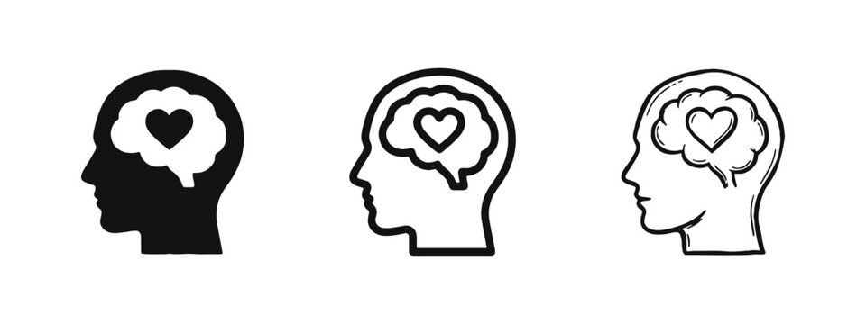 Emotional Intelligence Icon Set with Heart Inside Brain in Solid, Outline and Hand Drawn Styles
