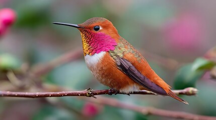 Fototapeta premium Hummingbird's colors change with backgrounds, making it more striking. Found in Mexico, these birds add beauty to gardens with blooming flowers.