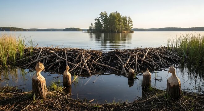 Beaver dam and gnawed tree stumps in a serene lake landscape with a small island in the background during golden hour