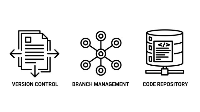 Software development workflow icons set showing version control branching and code repository management with software development branching repository management programming workflow technical