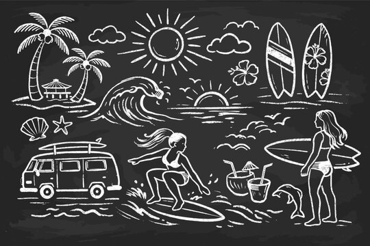 Tropical beach and surfing vector illustration set in a hand-drawn chalk doodle style. Features palm trees, surfboards, waves, sun, camper van, and female surfers on a textured blackboard.