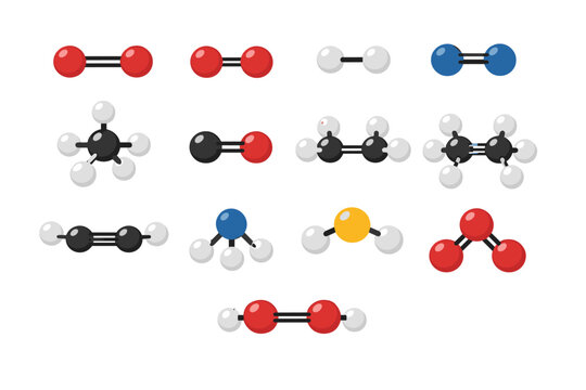 Set of Chemical Gas Molecule Models Including Oxygen, Hydrogen, Nitrogen, Methane, Carbon Monoxide, Ethane, Ethene, Ethyne, Ammonia, Hydrogen Sulfide, Ozone, and Hydrogen Peroxide Vector Illustration