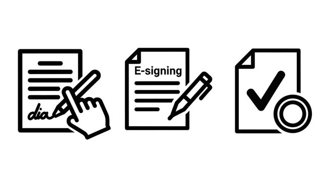 Document signing e-signing and approval process icons with e signing document e-signing approval signature contract agreement business verification certification workflow transaction