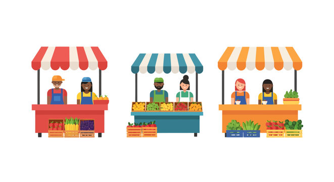 Colorful street food market stalls with vendors selling fresh produce