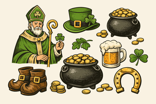 St. Patrick's Day Vintage Vector Collection: Saint Patrick, Leprechaun Hat, Pots of Gold, Beer Mug, Horseshoe, Boots, Shamrocks. Hand-Drawn Engraving Style for Posters, Cards, T-Shirt Prints, Apparel.