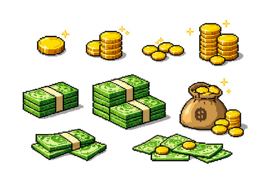 Pixel Art Money Set with Gold Coins, Stacks of Cash, Bundles of Banknotes, and Money Bag for 8-bit Retro Video Games. Isolated Vector Illustration of Currency Assets for Gaming UI and UX Design.