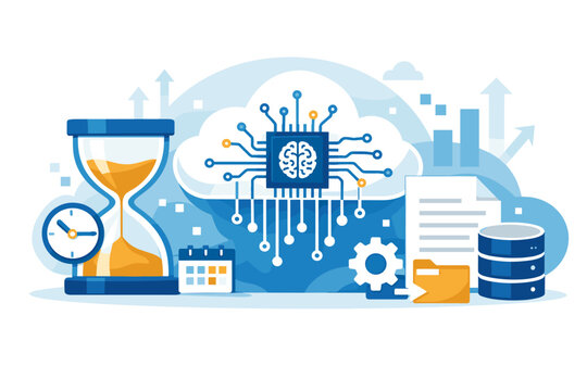 Artificial Intelligence for Time Management and Cloud Computing Concept Illustration with AI Brain Chip, Hourglass, Clock, Data Storage, File Processing, Automation Gear, and Digital Analytics