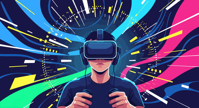 Man wearing VR headset with colorful abstract background