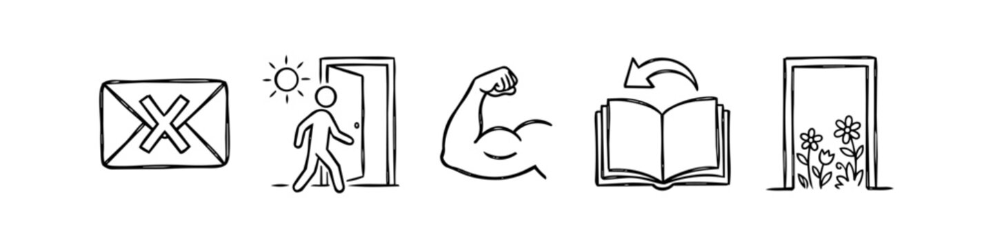 Hand-drawn minimalist icons set featuring an envelope with a cross, person exiting a door, muscular arm, open book with arrow, and a garden view through a doorway. Simple black ink doodle style.