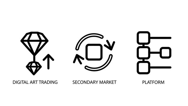 Digital asset trading and secondary market platform icons with exchange platform blockchain investment valuation structure business commerce technology transaction monetization internet