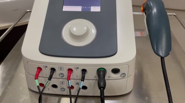 Close-up of an ultrasound therapy machine used in physiotherapy, with control panel, cables, and handheld applicator in a clinical setting