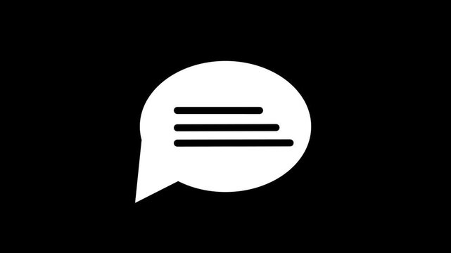 Chat message bubble icon animation with text lines on black background.
