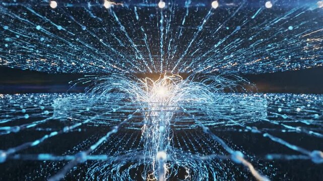 Abstract digital network with glowing particles flowing towards a central bright light, representing data transfer and artificial intelligence