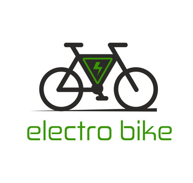 Electrobike icon, vector emblem with electric bicycle and green lightning symbol. Vector modern ebike label for sustainable urban technology, eco transport, energy, electricity, clean mobility vehicle
