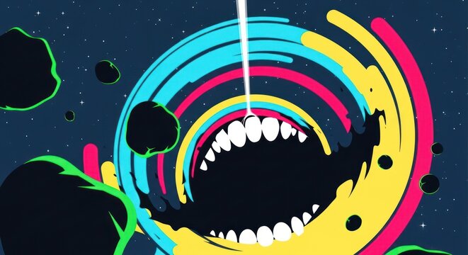 Abstract illustration of a gaping maw in a colorful dynamic composition