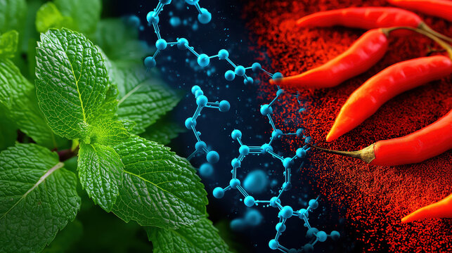 Mint leaf herb cold blue molecule science contrast with red chili pepper spice hot concept flavor chemistry