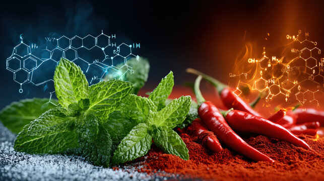Peppermint menthol chili capsaicin spice chemistry fresh peppermint menthol and hot chili capsaicin concept with flavor