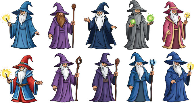Cartoon illustrated fantasy wizards with beards robes hats staffs wands glowing magical powers colorful mystical characters creative artwork scene