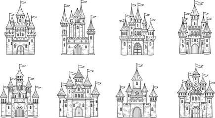 Detailed black and white illustrated medieval castles with towers turrets battlements flags spires arched entrances fantasy fortress architecture artwork scene © IconicCreations